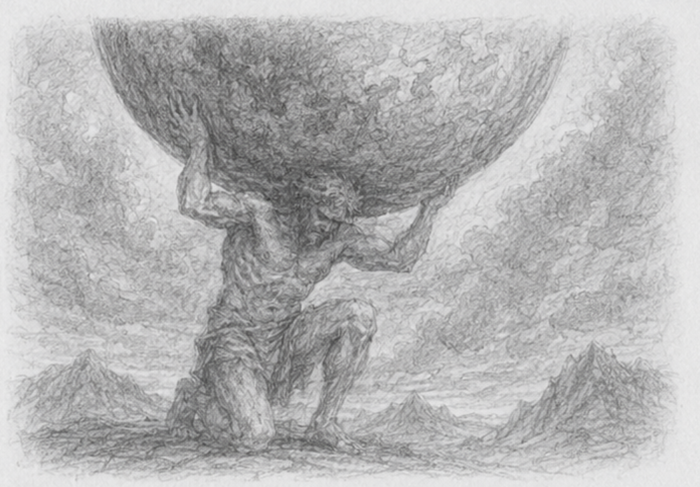 Pencil sketch of Atlas kneeling among mountains, holding the world on his shoulders