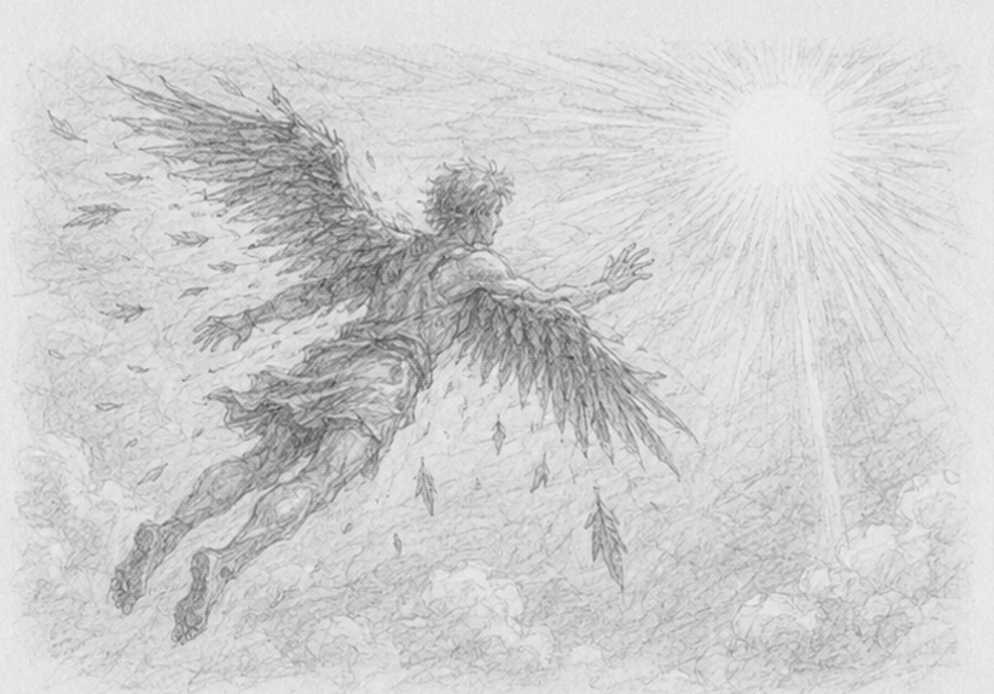 Pencil sketch of Icarus mid-fall, feathers scattering from his wings as he reaches toward the sun