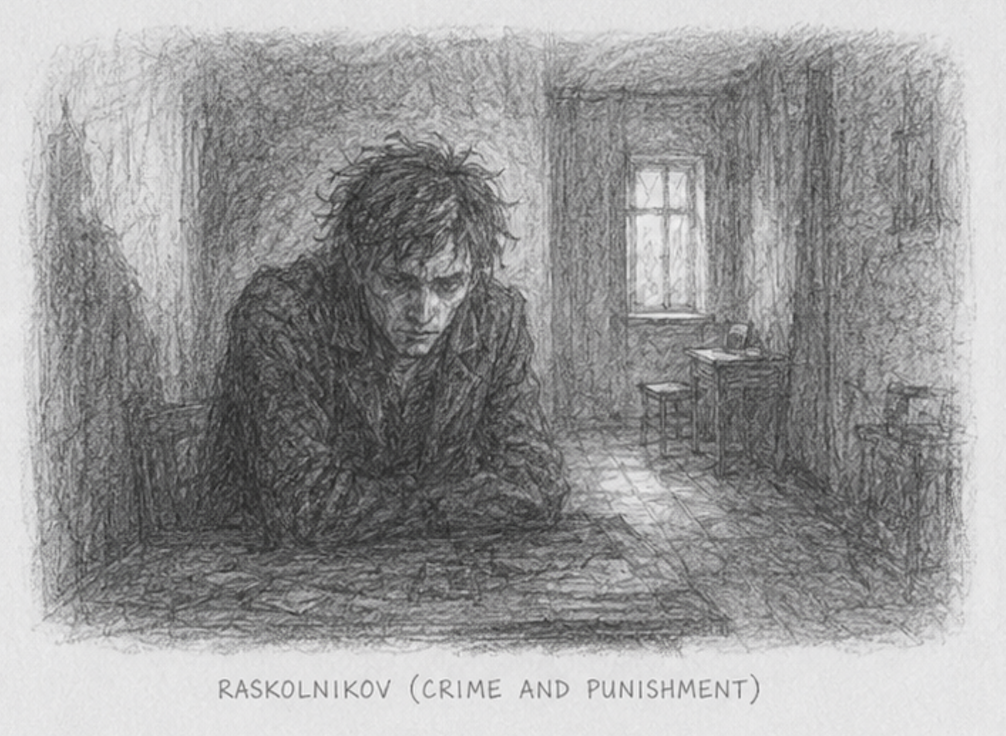 Pencil sketch of Raskolnikov hunched over a table in his garret room, light from a single window behind him